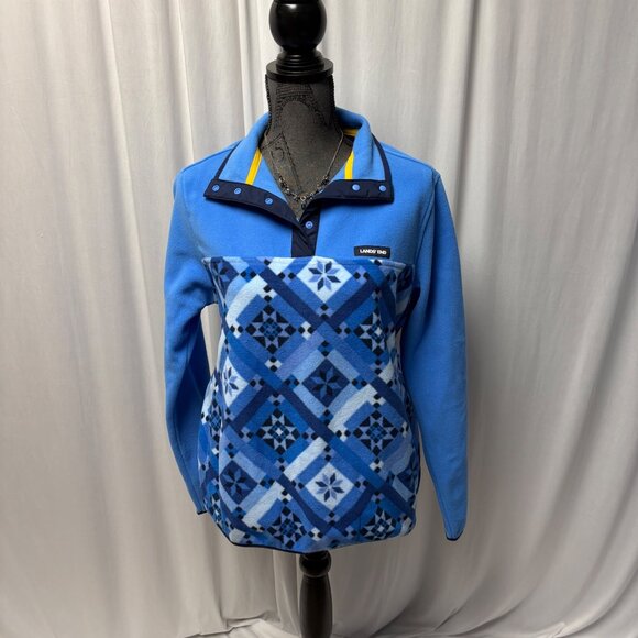 Lands End Womens Fleece Pullover Size Blue Patchwork Pattern Sweatshirt Comfy - Picture 1 of 9